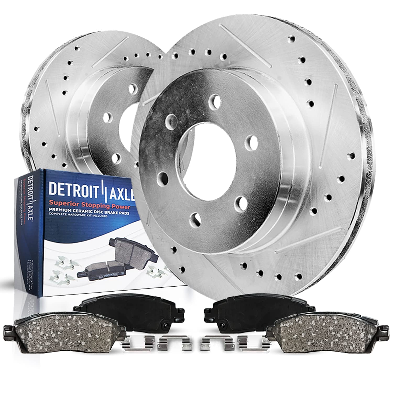 Detroit Axle - Front Brake Kit for 1998 1999 Dodge Durango / 1999 Dakota Drilled & Slotted Brake Rotors Ceramic Brakes Pads Hard