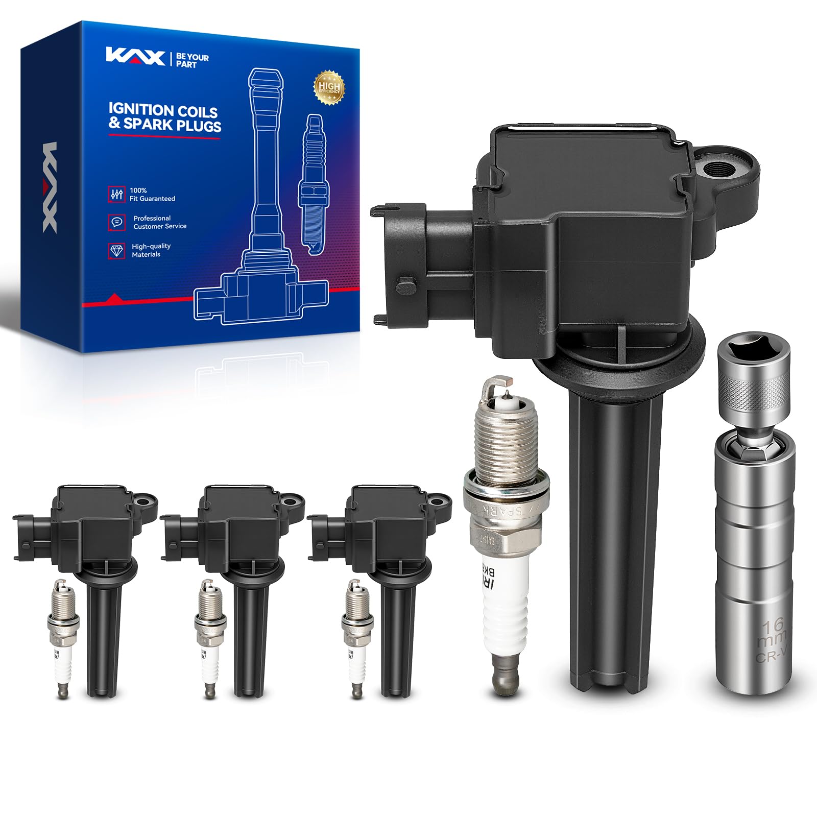 KAX OEM Performance Set of 4 UF526 Ignition Coil Pack & Iridium Spark Plugs w/Magnetic Socket for Saab 9-3 2006-2009 2.0T 9-3 20